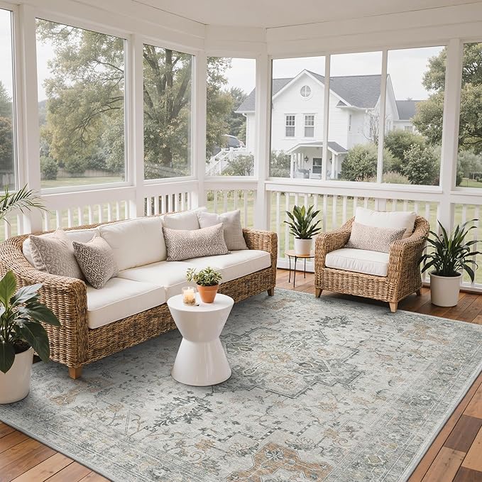 GENIMO Outdoor & Indoor Area Rug 9'x12', Waterproof, Non-Shedding, Easy Cleaning, Boho Mat for Patio, Living Room, Balcony, Dining Room, RV, Deck, Bedroom, Camping, Outside Carpet,Light Grey Brown
