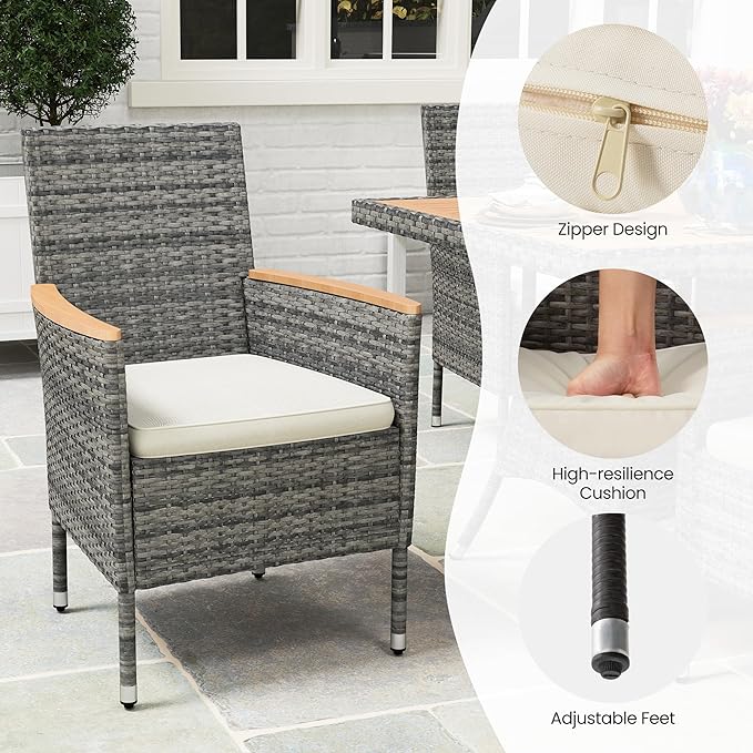 Wisteria Lane 10-Pieces Outdoor Patio Table and Chairs, Rattan Patio Table Set with Acacia Wood Tabletop, Patio Dining Furniture Set for 8 with Removable Cushions for Deck Garden Backyard, Grey