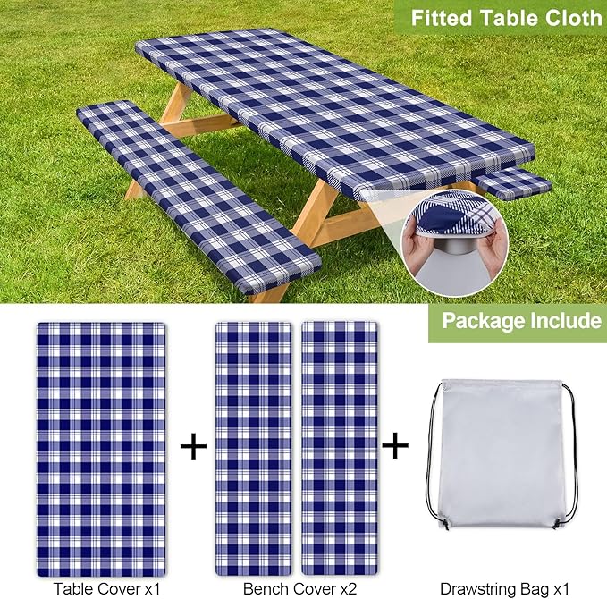 Picnic Table Cover with Bench Covers Camping Essentials Waterproof Windproof Camping Tablecloth with Drawstring Bag, Fitted Rectangle Tables and Seats, 60in, Blue Checkered