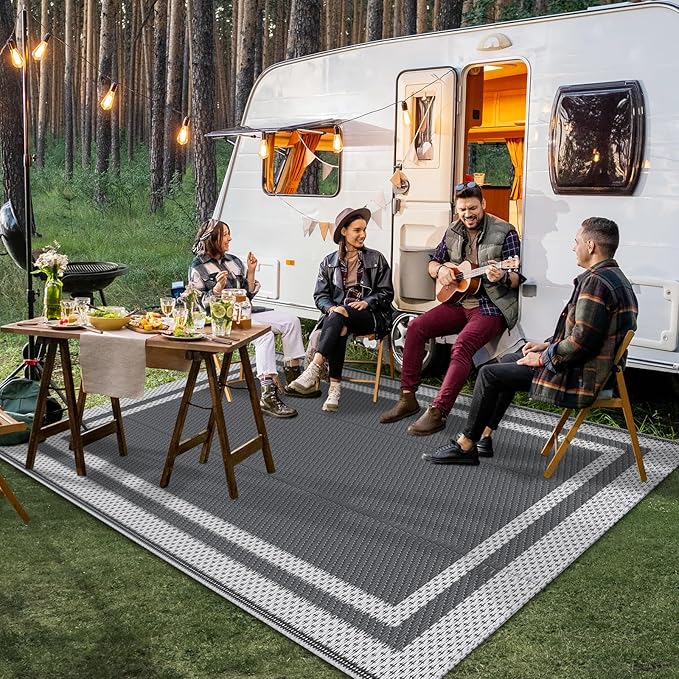 HappyTrends,Outdoor Rug,Patio Rug,Reversible Portable Outdoor Plastic Straw Rug,Camping Rugs for Outside RV,Large Waterproof Area Rugs for Patio,Deck,Picnic,Porch,Balcony(4'x 6',White&Gray)