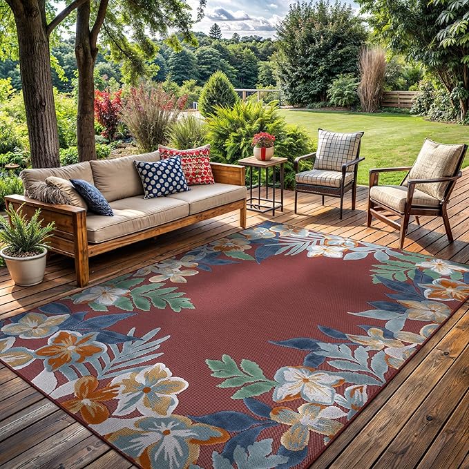 Outdoor Rug 5x7 Washable Area Rugs Indoor Outdoor Carpets Red Border Floral Non Shedding Waterproof Easy Clean Patio Deck Porch Living Room Bedroom Garden RV (5 X 7 Red)