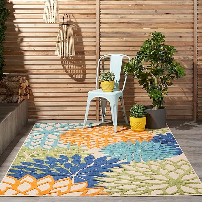 Nourison Home Aloha Indoor/Outdoor Multicolor 6' x 9' Area Rug, Easy Cleaning, Non Shedding, Bed Room, Living Room, Dining Room, Deck, Backyard, Patio (6x9)