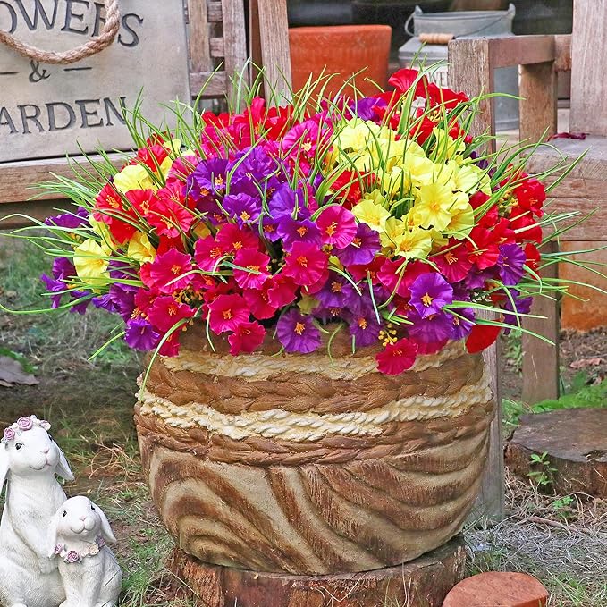 16PCS Artificial Fake Outdoor Flowers Plants, Faux Silk Realistic Morning Glory Floral Arrangement Planter UV Resistant for Porch Patio Window Box Balcony Garden Decor (Wheat Ears 4 Colors)