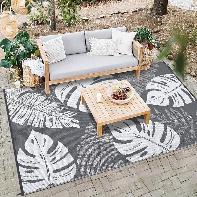 Patio Modern Leaf Print Outdoor Rug 10x14 Waterproof Large Reversible Camping Mat Foldable Lightweight Plastic Straw Outdoor Rug for Deck, Porch, Camper, Balcony, Beach, Rv，Grey/White