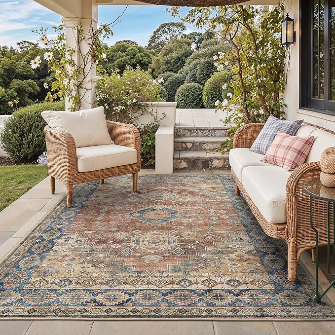 GENIMO Outdoor & Indoor Area Rug 6'x9', Waterproof, Non-Shedding, Easy Cleaning, Boho Mat for Patio, Living Room, Balcony, Dining Room, RV, Deck, Bedroom, Camping, Outside Carpet,Antique Red