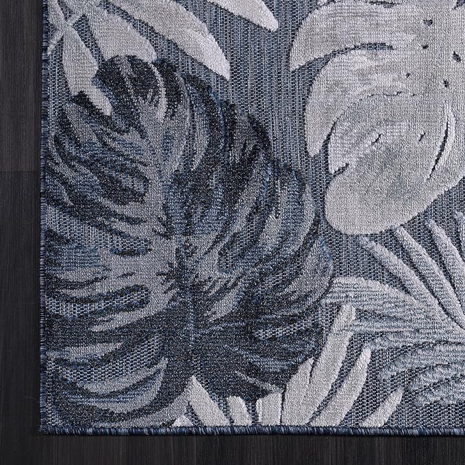 CAMILSON Indoor Outdoor Rug, Navy 10’x14’ Leaf Tropical Botanical Area Rugs for Indoor and Outdoor patios, Easy-Cleaning Non-Shedding Living Room, Garden and Kitchen Washable Outside Carpet (10x14)