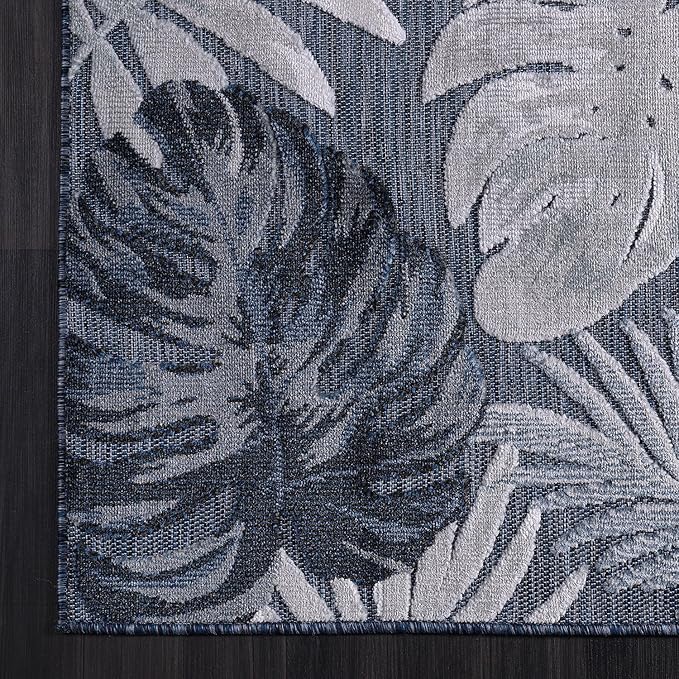 CAMILSON Indoor Outdoor Rug Navy Blue 5x7 Leaf Tropical Botanical Area Rugs for Indoor and Outdoor patios, Easy-Cleaning Non-Shedding Living Room Garden and Kitchen Washable Outside Carpet (5 x 7)