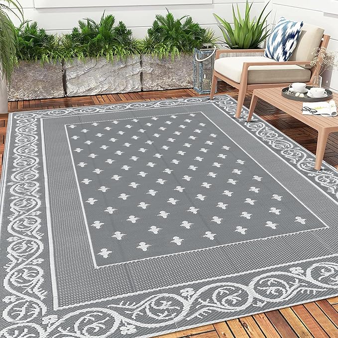 Pauwer Waterproof Outdoor Rug 9x12, Reversible Plastic Straw Patio Camping Rug, Indoor Outdoor RV Mat Carpet for Deck, Camper, Porch, Balcony, Backyard, Picnic, Bordered Grey