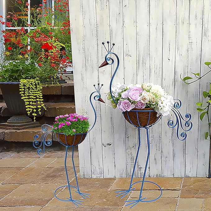 Blue Peacock Planters,Metal Peacock Plant Pots Decorations with Fiber Basket,Outdoor Indoor Standing Bird Planters Lawn Garden Décor Art for Lawn,Yard,Patio,Balcony Ornament（Set of 2）