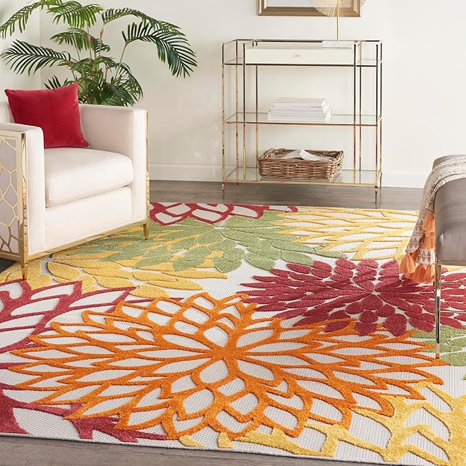 Nourison Home Aloha Indoor/Outdoor Red Multi Colored 7' x 10' Area Rug, Tropical, Botanical, Easy Cleaning, Non Shedding, Bed Room, Living Room, Dining Room, Deck, Backyard, Patio (7x10)