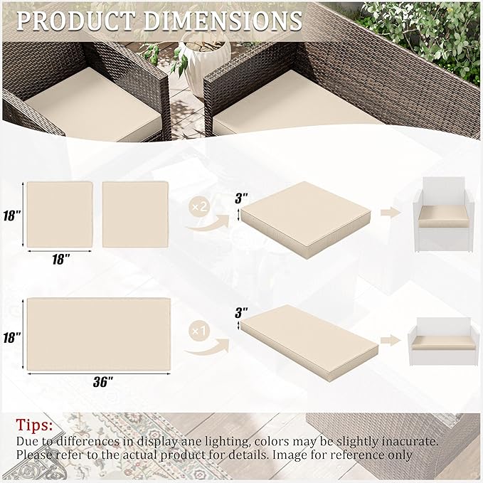 3 Pack Outdoor Replacement Cushions,36L x 18W x 3H,18L x 18W x 3H inch, High-Elastic Replacement Sponge for 4-Seater Water-Resistant Patio/Sofa with Removable Covers (Cream)