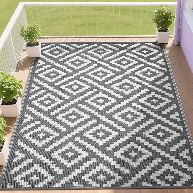 RURALITY Outdoor Rugs 6x9 Feet for Patios Clearance,Plastic Straw Waterproof Mats for Backyard,Porch,Deck,Balcony,Grey&White