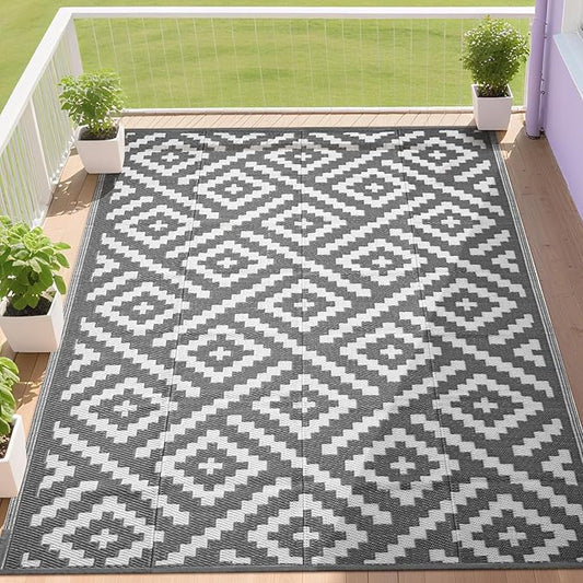 RURALITY Outdoor Rugs 5x8 Feet for Patios Clearance,Plastic Straw Waterproof Mats for Backyard,Porch,Deck,Balcony,Grey&White