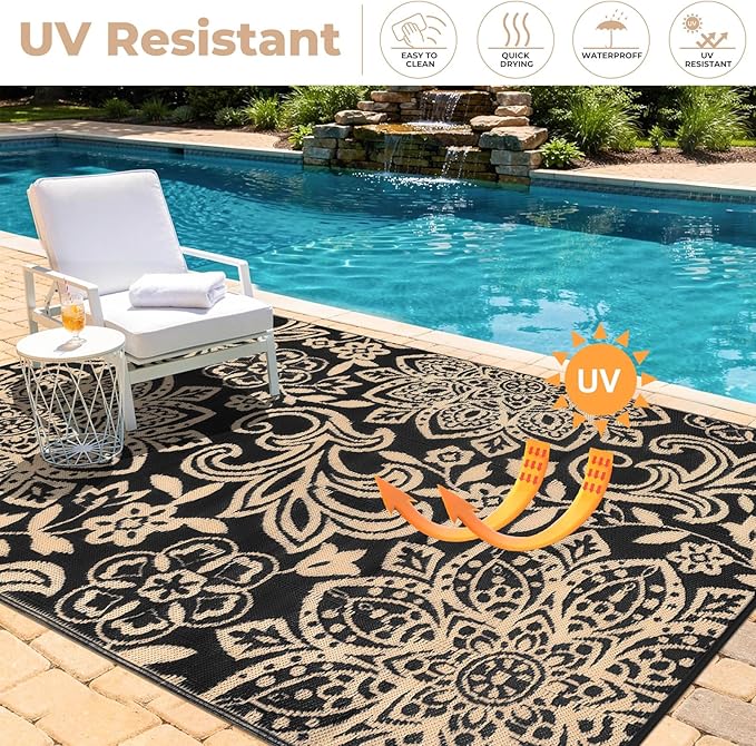 Findosom Waterproof Outdoor Rug 6' x 9' - Reversible Mandala Outdoor Plastic Straw Rug, Durable Foldable Patio Rug for RV, Deck, Balcony, Backyard, Picnic, Porch, Camping, Beach, Black