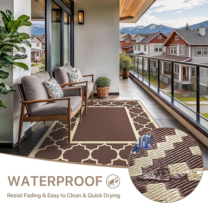 GENIMO 6' x 9' Outdoor Rug Waterproof for Patio Decor, Foldable Reversible Plastic Straw Area Rugs Mat for Camper, Outside Carpet for Rv, Deck, Porch, Picnic, Beach, Balcony, Coffee & Beige
