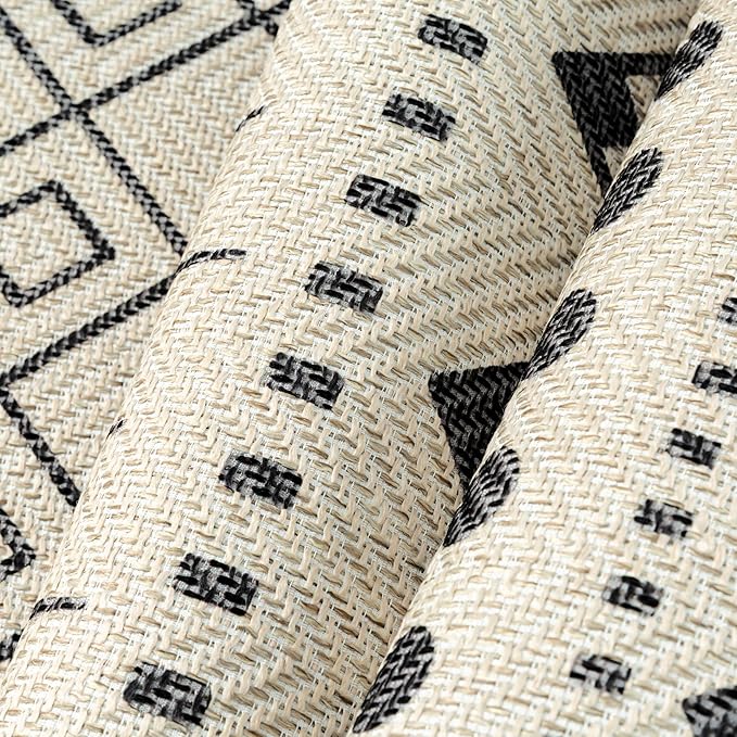 HUGEAR 6x9 Outdoor Rug Black/Beige Linen-Look Fabric Boho Area Rug High Traffic Stain Resistant Easy Clean Durable Rugs for Indoor/Outdoor Patio Deck Balcony Porch Garden Courtyard
