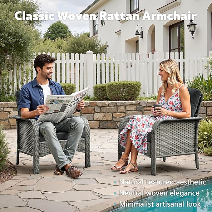 4-Piece Wicker Patio Furniture Set, All-Weather Rattan Conversation Bistro Loveseat Chair and Table Set for Backyard, Balcony and Deck with Soft Cushions and Metal Table(Black)