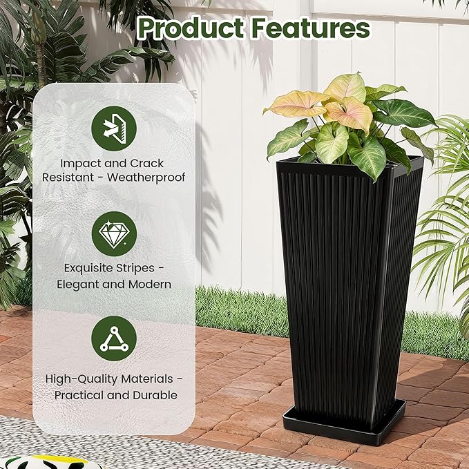 Tapered Tall Planters for Outdoor Plants 2 Pack- 23.6 Inch Square Indoor Flower Pots with Drainage Holes and Partition/Tray Saucers, Large Outdoor Planters for Porch Patio Garden, Black