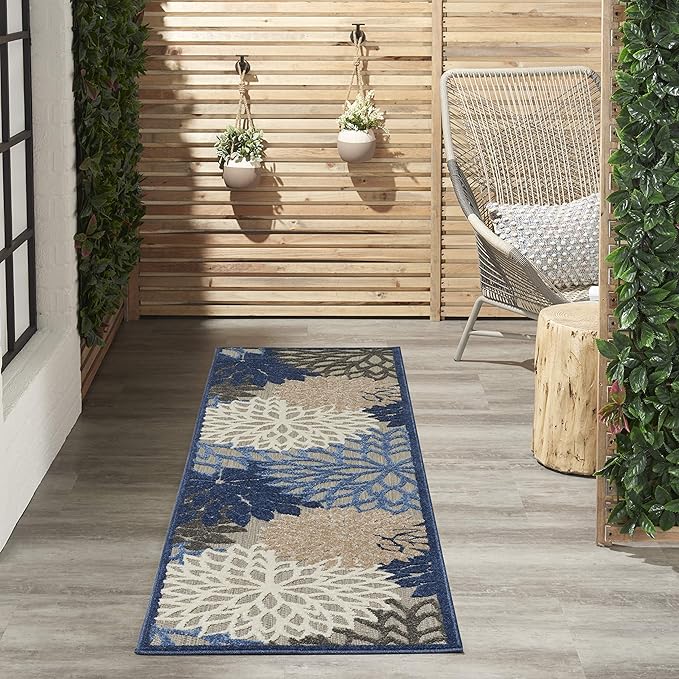 Nourison Home Aloha Indoor/Outdoor Blue/Multicolor 2'3" x 8' Area Rug, Tropical, Botanical, Easy Cleaning, Non Shedding, Bed Room, Living Room, Dining Room, Deck, Backyard, Patio (2x8)