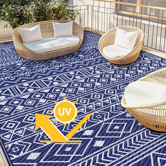 StepLively Outdoor Rug 8x10 ft, Reversible Waterproof Outdoor Plastic Straw Rug, Patio Rug Waterproof, Outdoor Large Area Rug for RV, Camping, Garden, Porch, All-Weather & Easy to Clean(Blue)