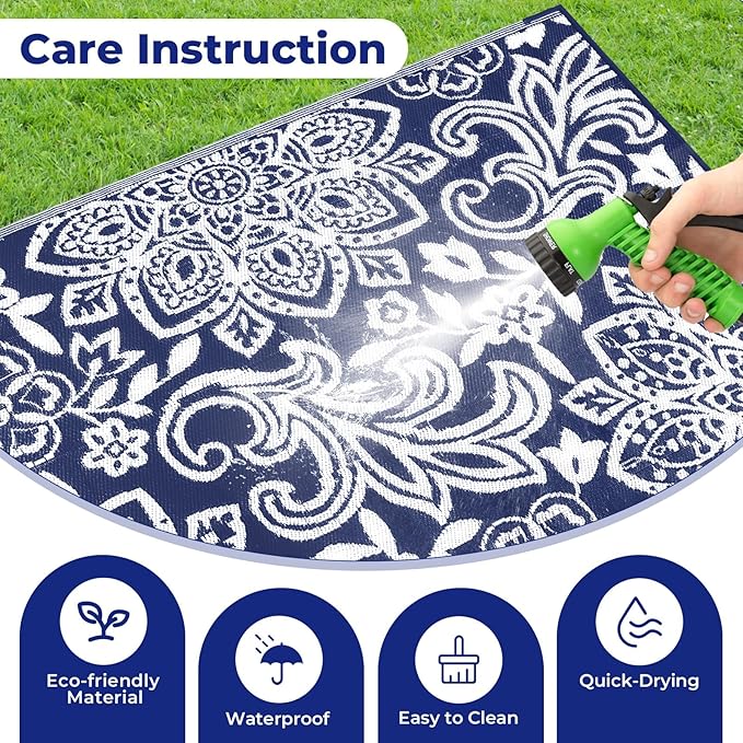Findosom Waterproof Outdoor Rug 8' x 10' - Reversible Mandala Outdoor Plastic Straw Rug, Durable Foldable Patio Rug for RV, Deck, Balcony, Backyard, Picnic, Porch, Camping, Beach, Navy