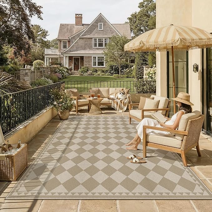HUGEAR 8x10 Outdoor Rug Brown/Beige Linen-Look Fabric Checkered Area Rug High Traffic Stain Resistant Easy Clean Durable Rugs for Indoor/Outdoor Patio Deck Balcony Porch Garden Courtyard