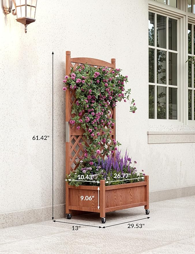2-Pack Tall Wood Planter Box with Trellis, 29.5" h Vertical Garden on Wheels with Drainage Holes, for Climbing Plants, Herbs, Flowers in Patio & Balcony