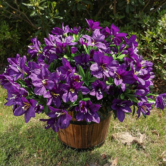 INSPRING Artificial Faux Plants Flowers for Outdoors Spring Decor,3 Bundles Realistic Outside Fake Silk Azalea UV Resistant Outdoor Artificial Flowers for Planter Porch Patio Garden Home, Dark Purple