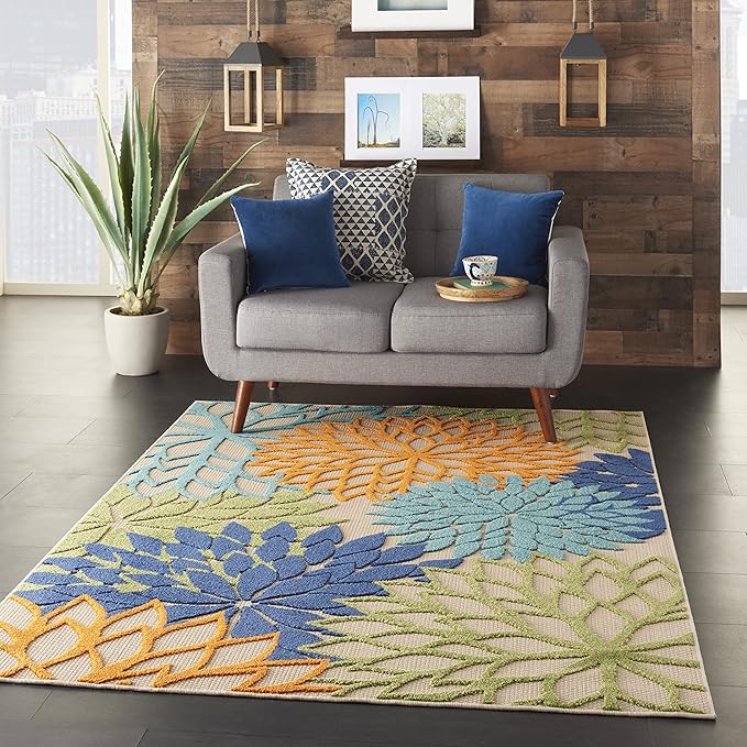 Nourison Home Aloha Indoor/Outdoor Multicolor 5'3" x 7'5" Area Rug, Tropical, Botanical, Easy Clean, Non Shedding, Bed Room, Living Room, Dining Room, Deck, Backyard, Patio (5x7)