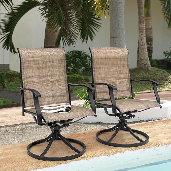 NUU GARDEN Outdoor Swivel Patio Dining Chairs Set of 2, All-Weather Textilene Dining Chairs with Metal Frame for Patio, Lawn, Deck or Backyard, Brown