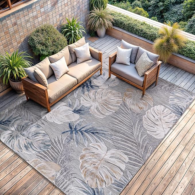 CAMILSON Indoor Outdoor Rug, Blue 5x7 Leaf Tropical Botanical Area Rugs for Indoor and Outdoor patios, Easy-Cleaning Non-Shedding Living Room, Garden and Kitchen Washable Outside Carpet (5 x 7)