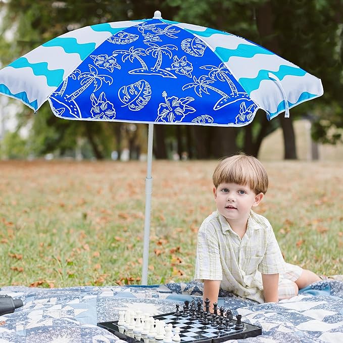 AMMSUN 5ft Seaside Umbrella for Sand and Water Table - Kids Durable Umbrellas for children Beach Camping Garden Outdoor Play Shade Blue Coconut Tree