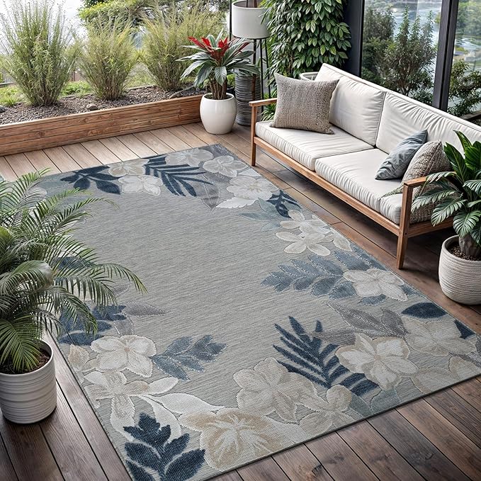 Outdoor Rug 6x9 Washable Area Rugs Indoor Outdoor Carpets Blue Border Floral Non Shedding Waterproof Easy Clean Patio Deck Porch Living Room Bedroom Garden RV (6 X 9 Blue)