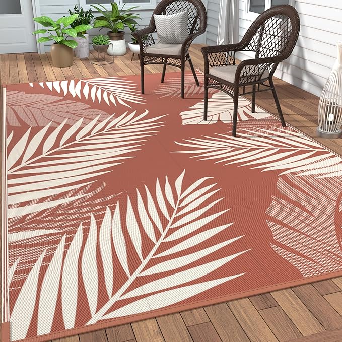 GENIMO Outdoor Rug 10' x 14' Waterproof for Patios Clearance, Reversible Plastic Straw Camping Carpet, Large Area Rugs Mats for RV, Picnic, Backyard, Deck, Balcony, Porch, Beach, Brick&Red