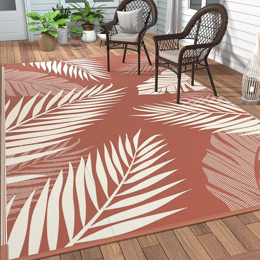 GENIMO Outdoor Rug 9' x 12' Waterproof for Patios Clearance, Reversible Plastic Straw Camping Carpet, Large Area Rugs Mats for RV, Picnic, Backyard, Deck, Balcony, Porch, Beach, Brick&Red