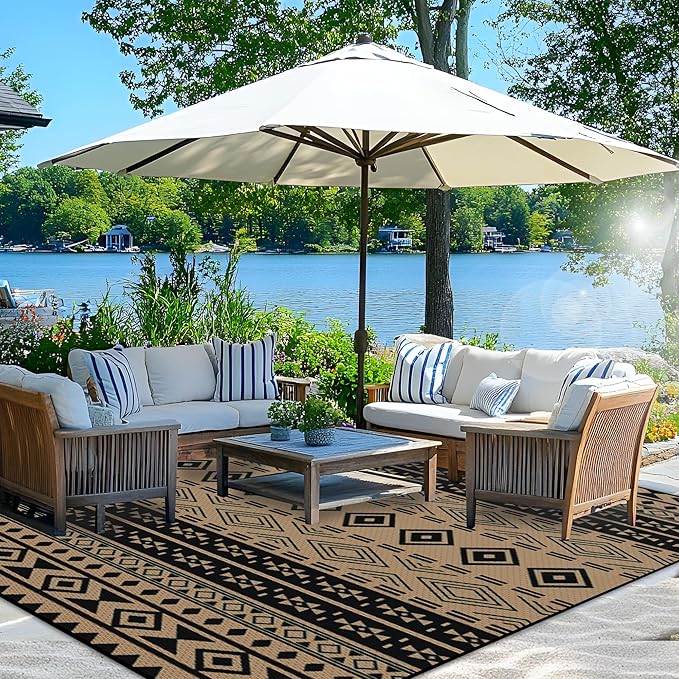 Wallona Outdoor Rugs 8x10 ft Patio Waterproof Clearance Indoor Outdoor Large Carpet for Patio Plastic Straw Reversible Area Rugs Mat for RV, Camping, Balcony, Beach, Picnic, Porch, Boho Black & Brown