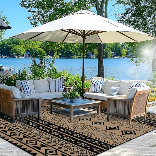 Wallona Outdoor Rugs 8x10 ft Patio Waterproof Clearance Indoor Outdoor Large Carpet for Patio Plastic Straw Reversible Area Rugs Mat for RV, Camping, Balcony, Beach, Picnic, Porch, Boho Black & Brown