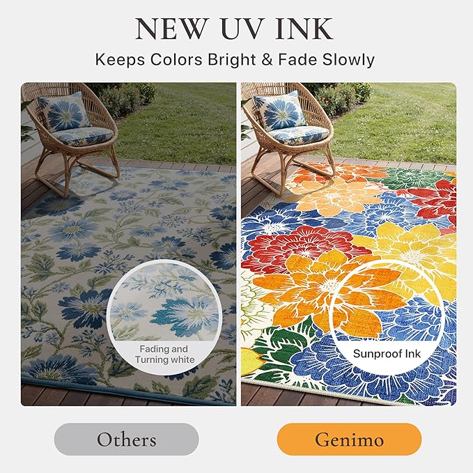 GENIMO Indoor Outdoor Area Rug 5'x8', Machine Washable Rugs for Patio, Waterproof, Non-Slip Easy Cleaning Floral Outdoor Mat Carpet for Living Room, Bedroom, RV, Balcony, Deck, Camping, Colorful