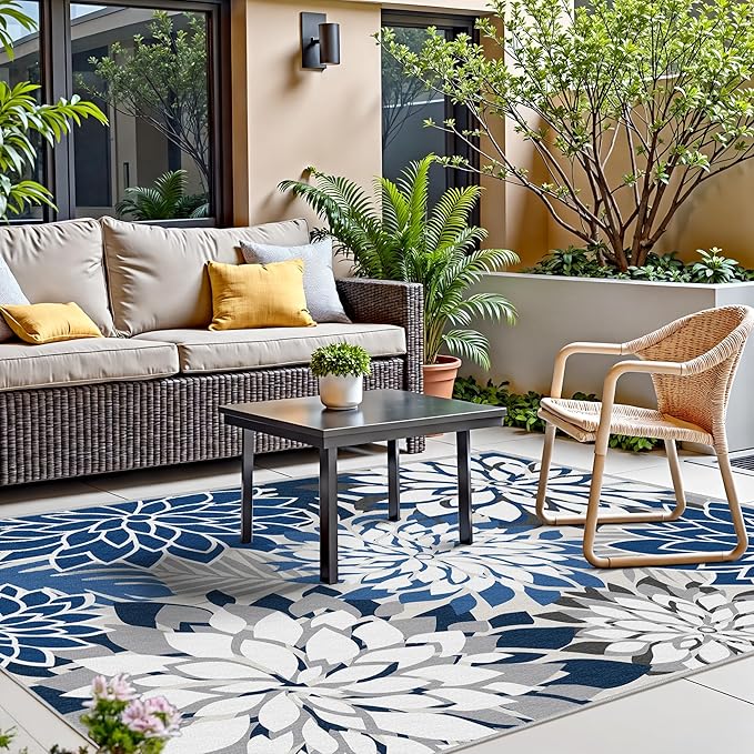 Colorful 9x12 Outdoor Area Rug Washable Multicolored Patio Rug Tropical Botanical Floral Chenille Waterproof Outdoor Carpet Non-Slip for Deck, Backyard, Porch, Blue