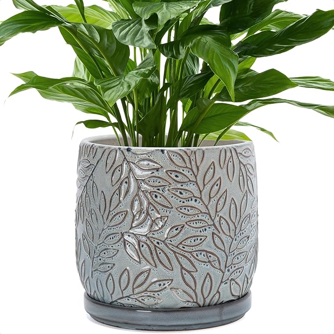D'vine Dev 8 Inch Embossed Leaves Stoneware Planter Pot with Drainage Hole and Saucer, Graphite Blue, 27-A-Q-9