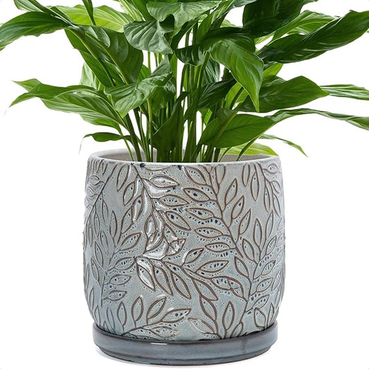 D'vine Dev 8 Inch Embossed Leaves Stoneware Planter Pot with Drainage Hole and Saucer, Graphite Blue, 27-A-Q-9