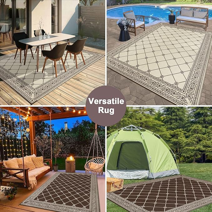 HiiARug 8x10 Outdoor Rug Outdoor Patio Rug, Reversible Waterproof Plastic Straw Rug Large Outdoor Rugs (8x10Ft, Brown)