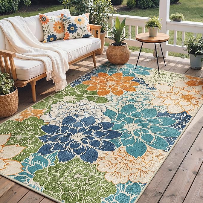 GENIMO Indoor Outdoor Area Rug 8'x10', Machine Washable Rugs for Patio, Waterproof, Non-Slip Easy Cleaning Floral Outdoor Mat Carpet for Living Room, Bedroom, RV, Balcony, Deck, Camping, Teal Blue