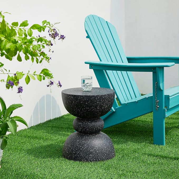 Glitzhome Outdoor Side Table, Round Accent End Table, Lightweight Faux Terrazzo Decorative Garden Stool, 17.25" H Black Planter Stand for Patio Porch Balcony Living Room