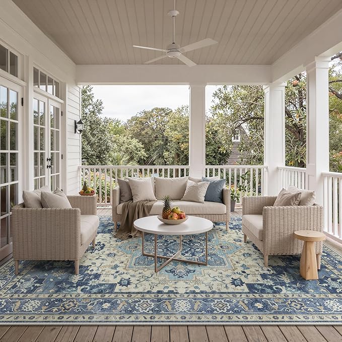 GENIMO Outdoor & Indoor Area Rug 10'x14', Waterproof, Non-Shedding, Easy Cleaning, Boho Mat for Patio, Living Room, Balcony, Dining Room, RV, Deck, Bedroom, Camping, Outside Carpet,Center Blue