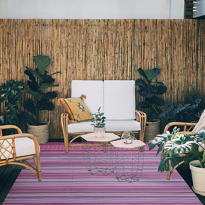 Reversible Outdoor/Indoor Plastic Rug Plastic Straw Rug Waterproof Portable Mat, Easy to Clean and Fold,Perfect for Garden, Patio, Picnic, Decking-（Pink Purple,9x12Ft）