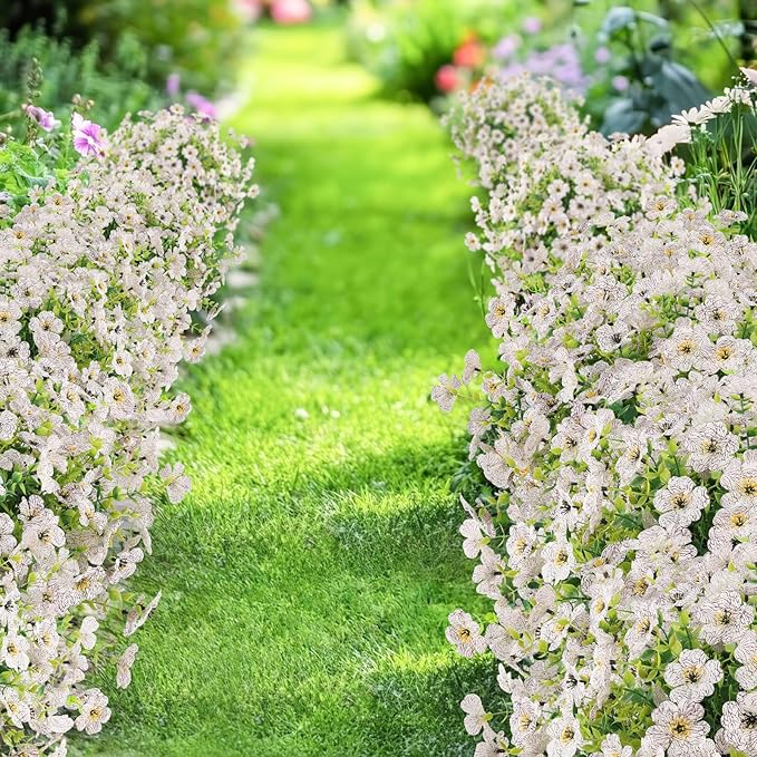 Artificial Flowers Outdoor Faux Plants UV Resistant Fake Patio Flowers Plastic Greenery Plnats Outside Bulk for Spring Garden Hanging Planter Home Vase Decor, 24 Bundles (White)