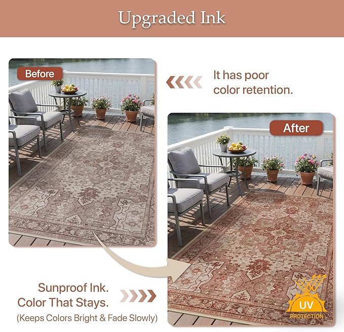 GENIMO Outdoor & Indoor Area Rug 6'x9', Waterproof, Non-Shedding, Easy Cleaning, Boho Mat for Patio, Living Room, Balcony, Dining Room, RV, Deck, Bedroom, Camping, Outside Carpet,Brown Red