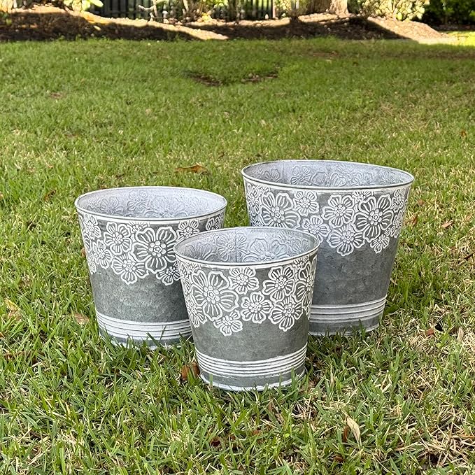 allgala Galvanized Planter Pot Indoor and Outdoor Decoration-Round Grey-3-PC-HD88314