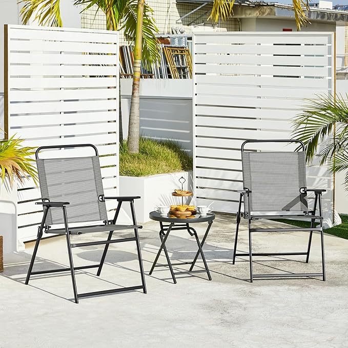 Yaheetech Outdoor Patio Chairs Set of 2, Folding Patio Chairs with Metal Frame, Armrests, Portable Dining Chairs for Camping, Lawn, Garden and Porch, Gray